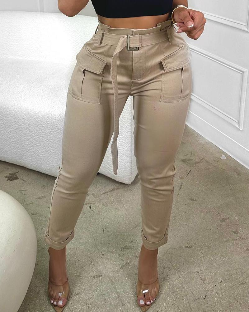 

Calça cargo cintura alta com design de bolso e cinto, Khaki