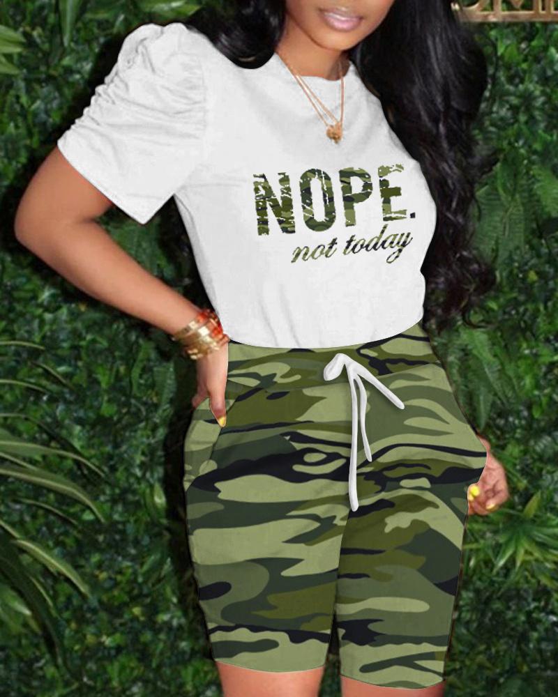 

Nope Not Today Camouflage Print Puff Sleeve Top & Drawstring Shorts Set, Camoflage