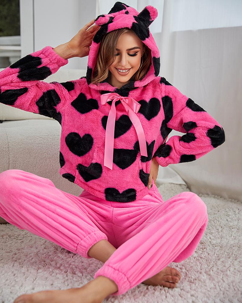 

Heart Print Hooded Fluffy Pajamas Set, Hot pink