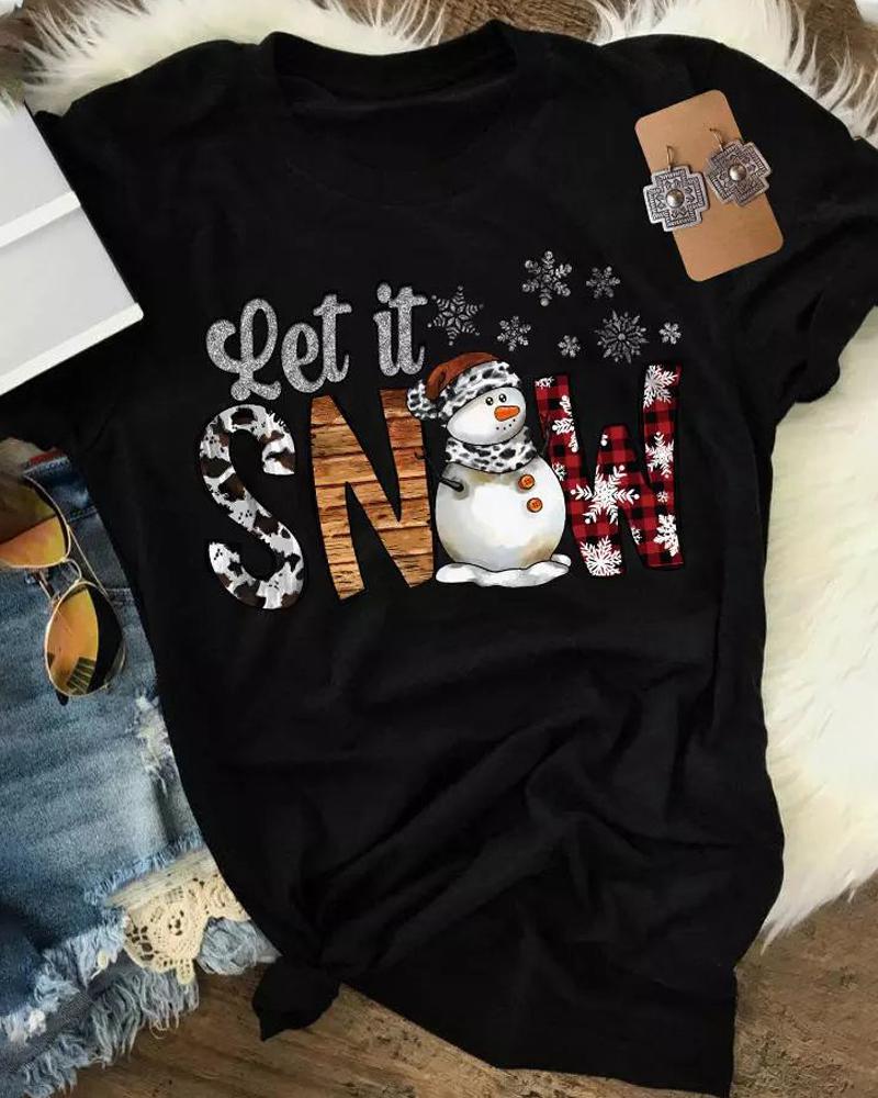 

Christmas Snowman Letter Print Casual T-shirt, Black