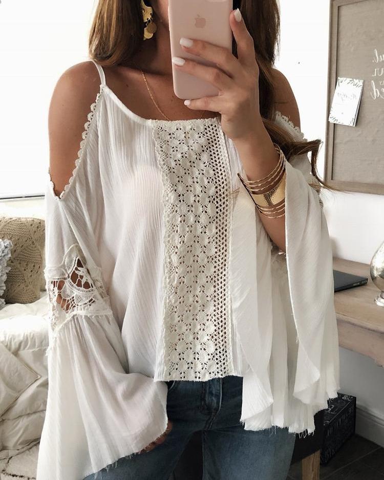 

Flared Sleeve Cold Shoulder Contrast Lace Top, White