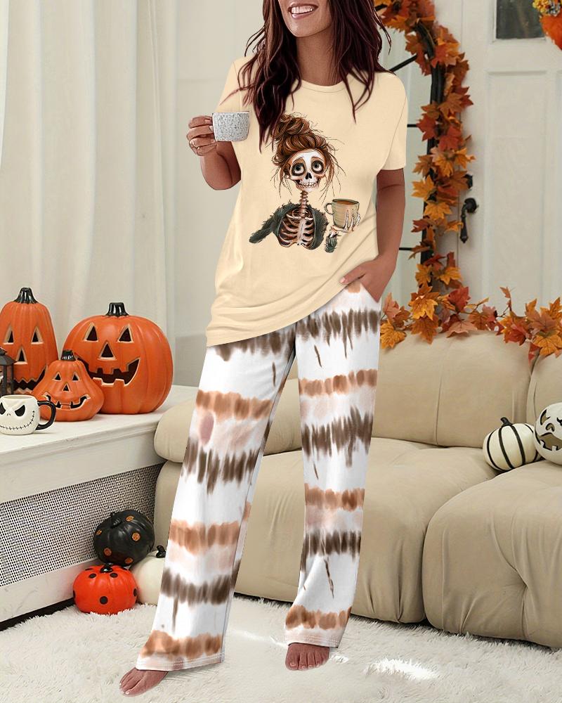 

Conjunto de 2 piezas de pijama informal con estampado de esqueleto café, top de manga corta y pantalón con cintura elástica y estampado tie-dye., Apricot