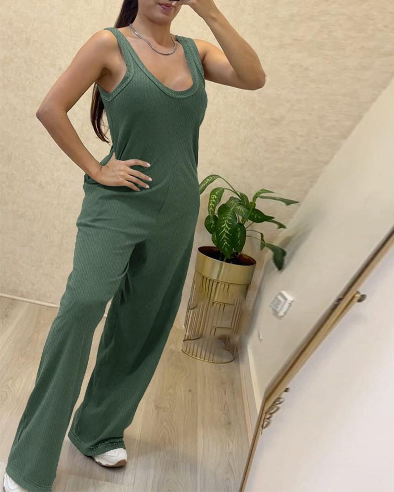 

U-Neck Thick Strap Casual Jumpsuit, Army green