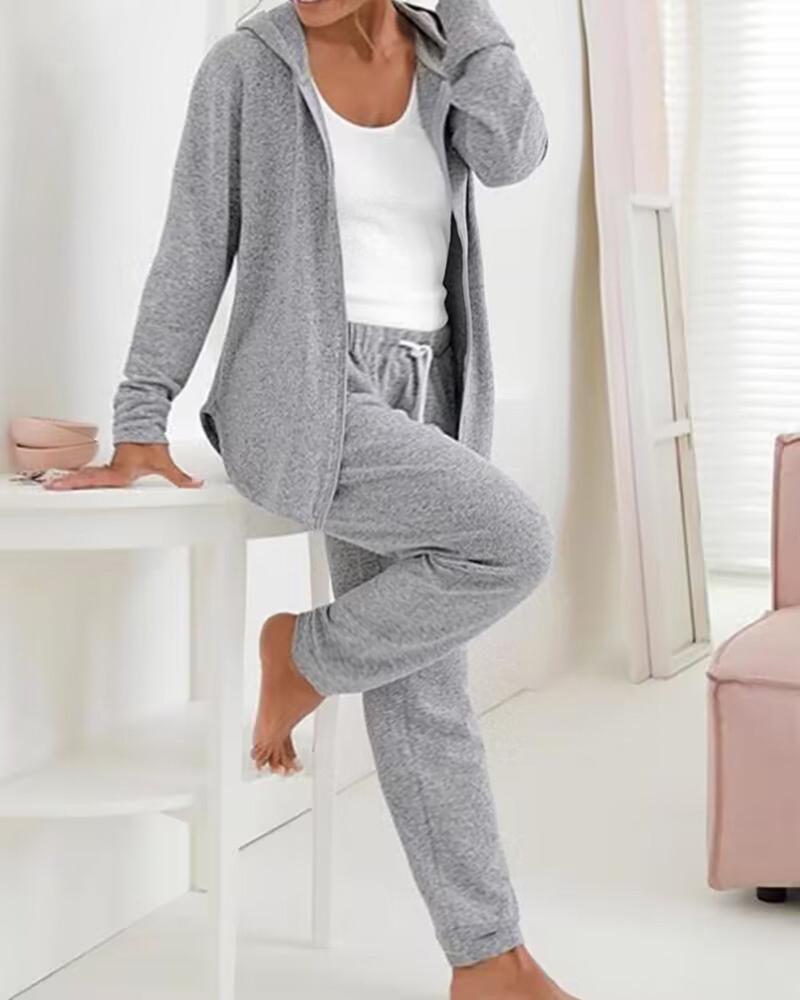 

Plus Size Zipper Design Coat & Drawstring Pants Set, Gray