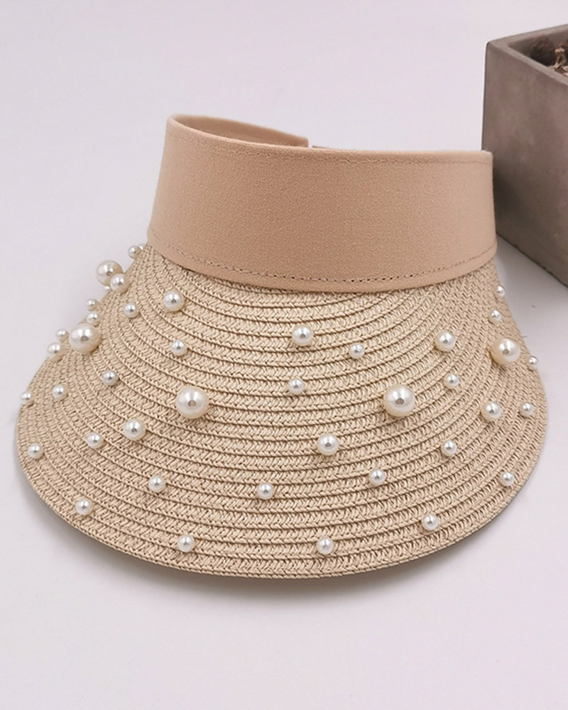 

Faux Pearl Decor Straw Hat, Khaki