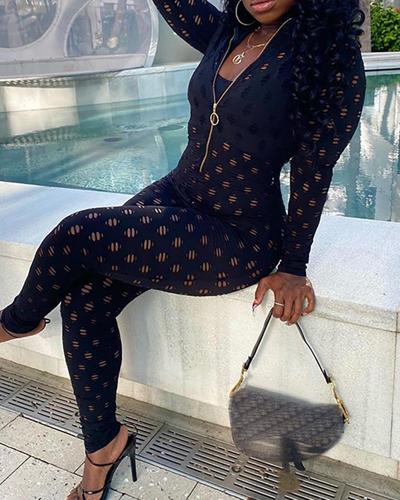

Hollow Out Zip Front Long Sleeve Jumpsuit, Black