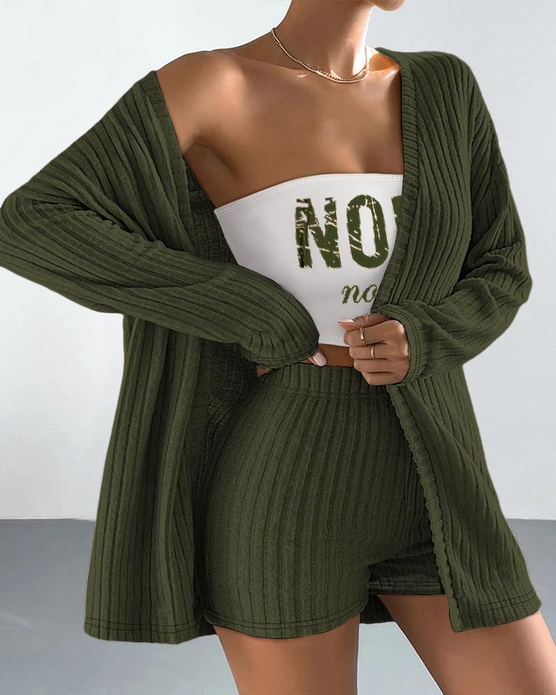 

Nope Not Today Print Bandeau Crop Top & Ribbed Shorts Set With Cardigan, Army green