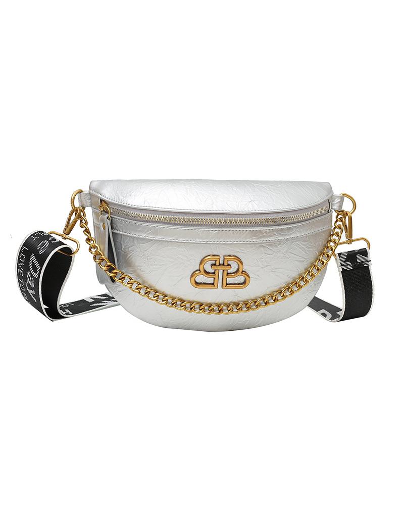 

Chain Decor Crossbody Bag Zipper Design PU Fanny Pack, Silver