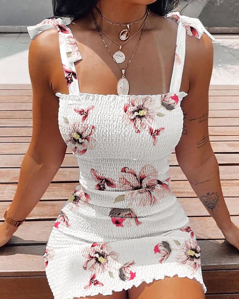 

Floral Print Tied Detail Frill Hem Shirred Bodycon Dress, White