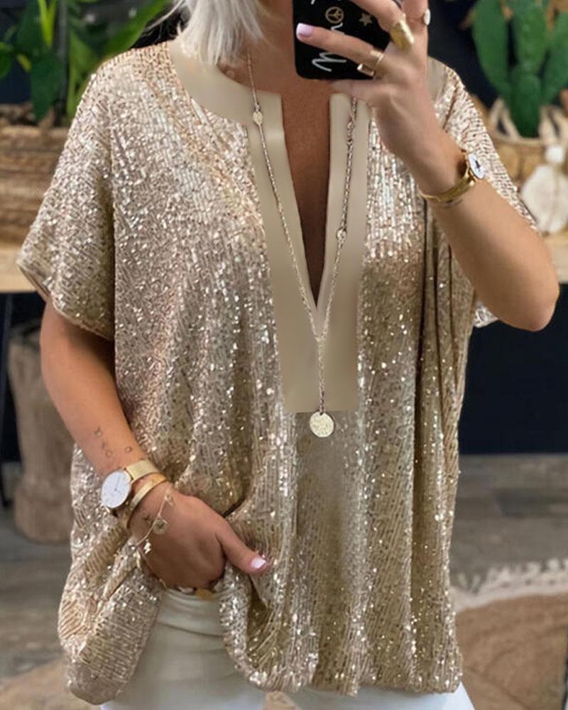 

Short Sleeve V-Cut Sequin Top, Gold
