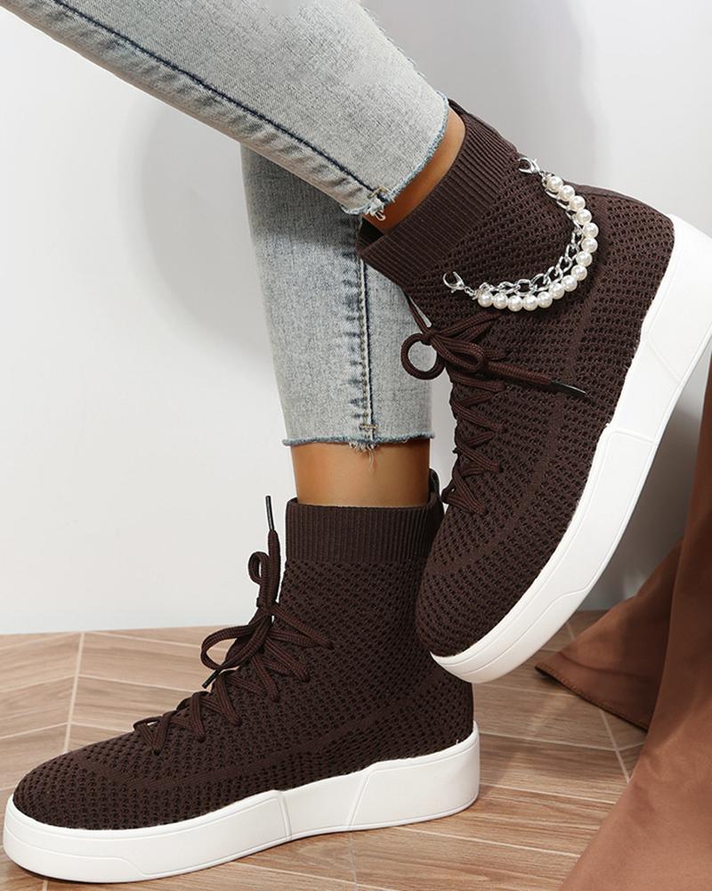 

Lace-up Pearls Chain Decor Knit Casual Boots, Brown