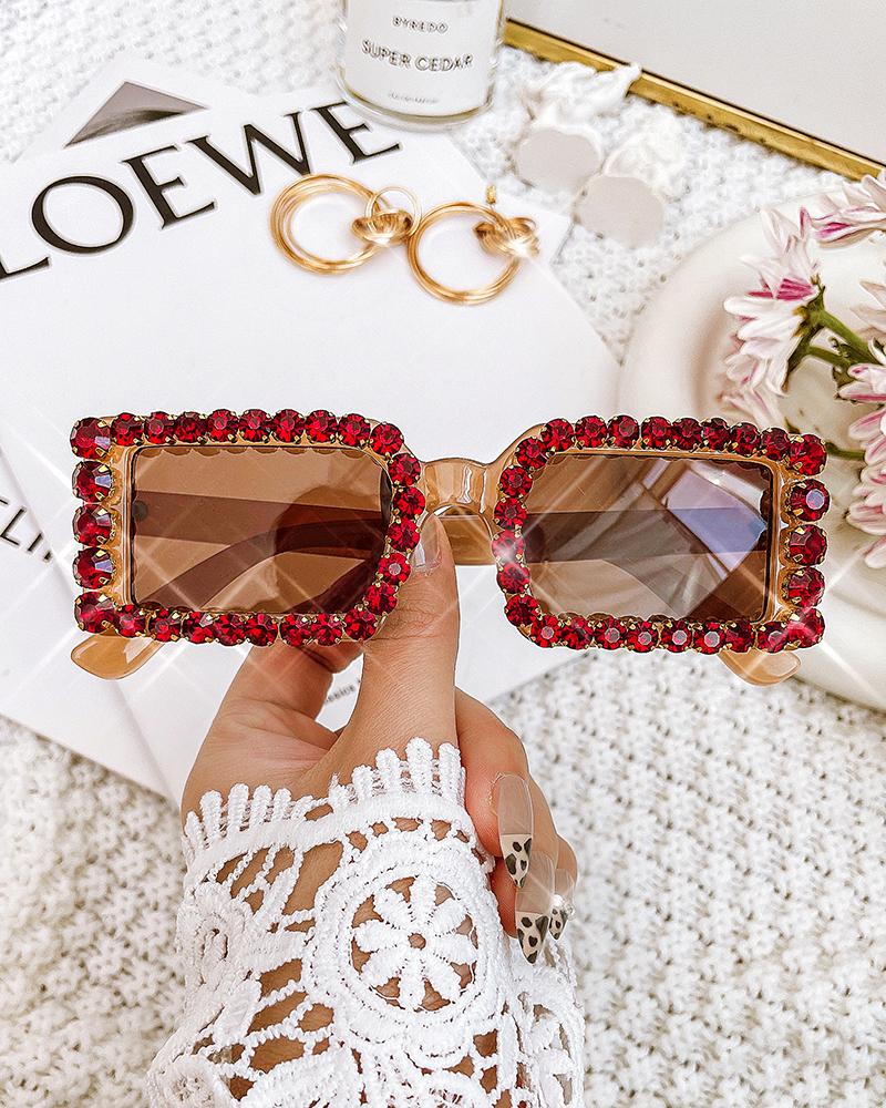 

1Pair Vintage Rhinestone Rectangular Trendy Tinted Sunglasses, Brown