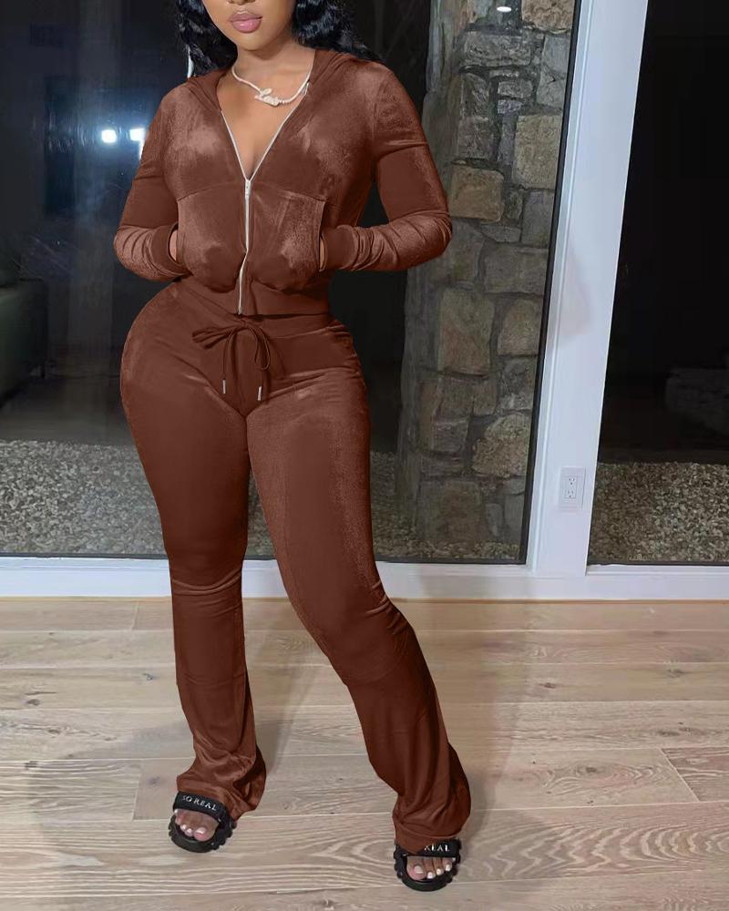 

Velvet Zip Up Hooded Top & Drawstring Bootcut Pants Set, Coffee
