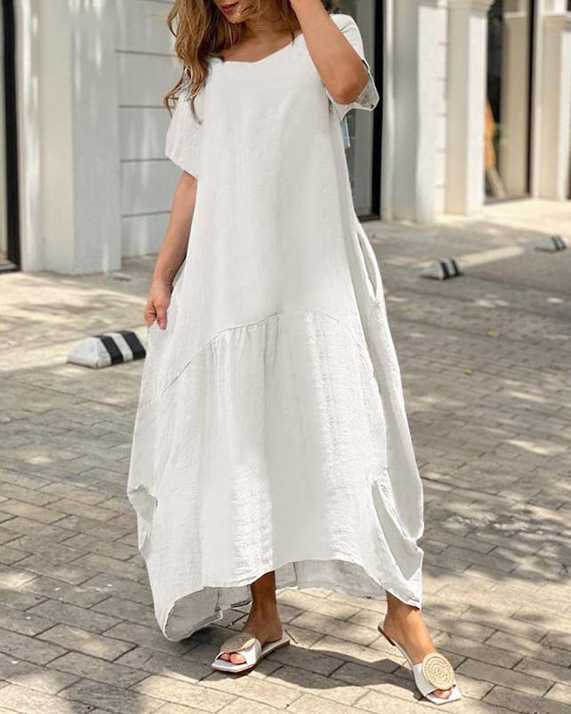 

V-Neck Short Sleeve Ruched Maxi Dress, White