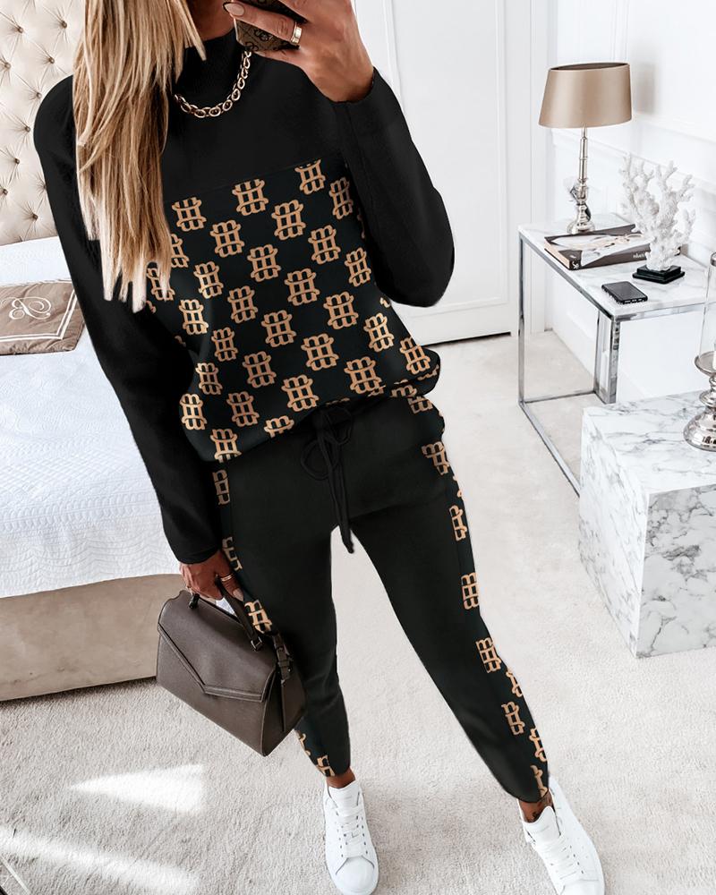 

ChicMe Letter Print Long Sleeve Top & Pants Set, Black