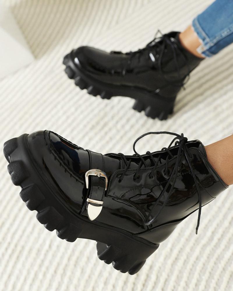 

Round Toe Strappy PU leather flat Platform, Black