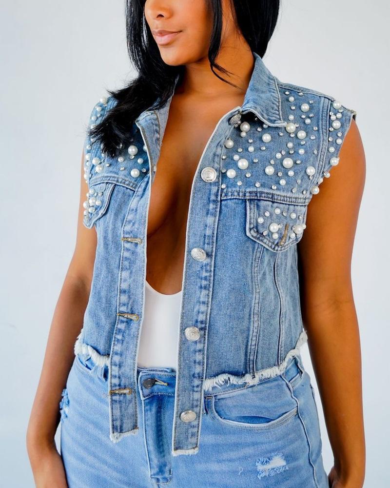 

Rhinestone Beaded Decor Raw Hem Denim Vest Jacket, Blue