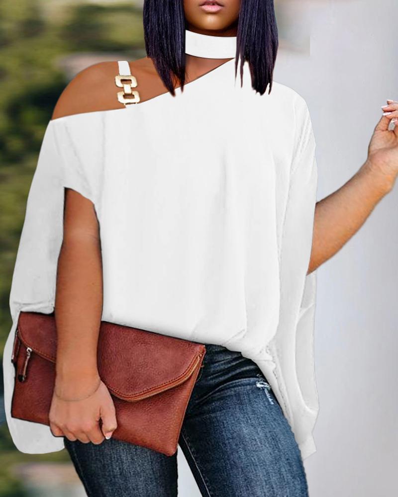 

Plus Size Cold Shoulder Chain Decor Top, White