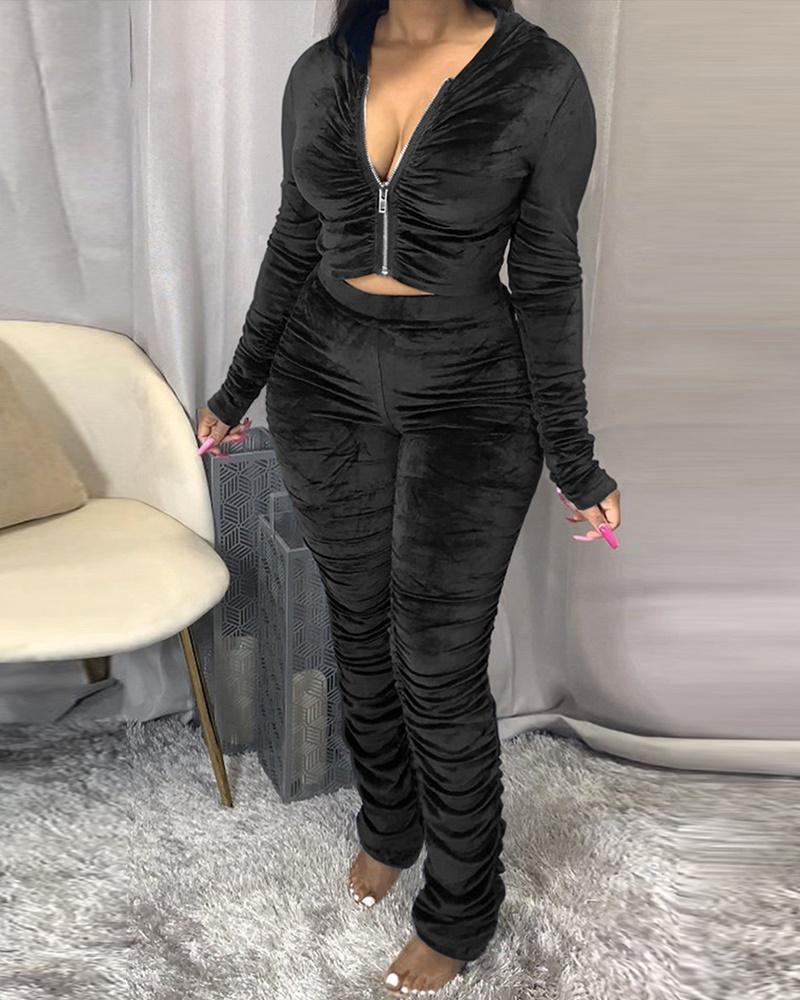 

Ruched Long Sleeve Hooded Zip Up Top & Pants Set, Black