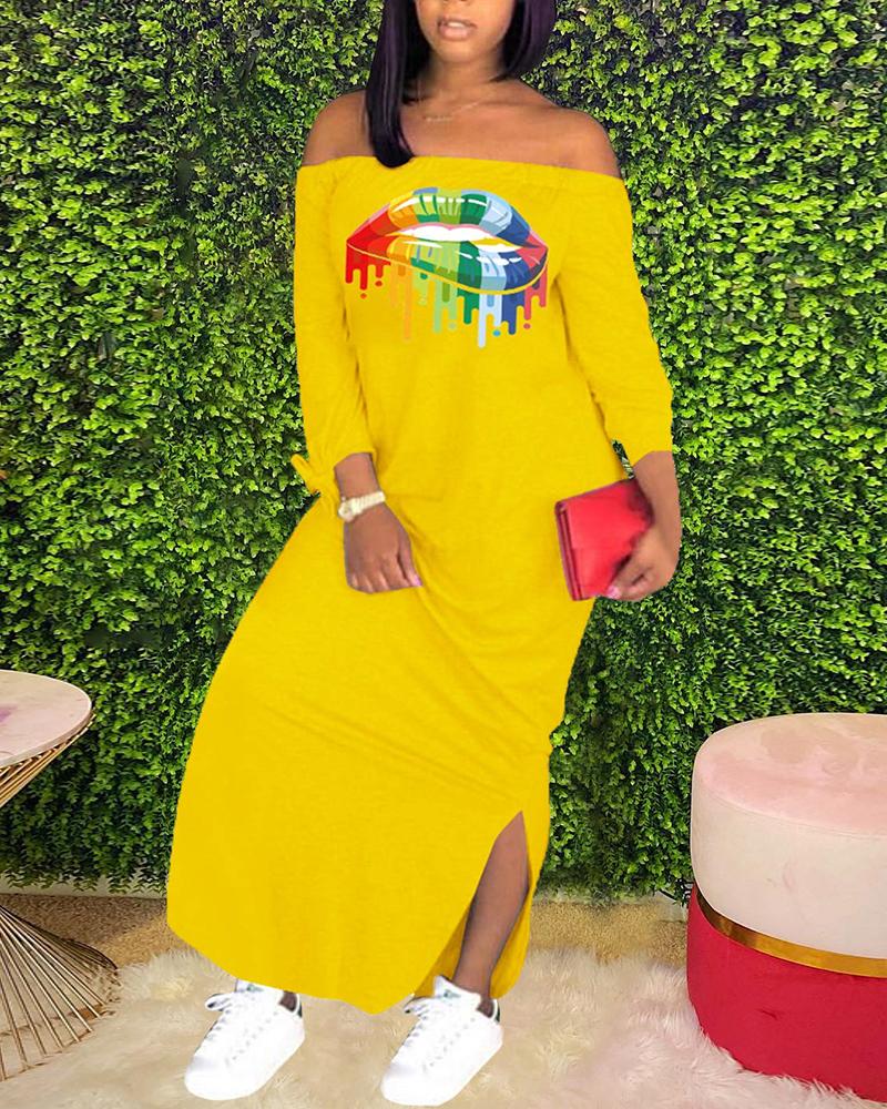 

Off Shoulder Lip Print Straight Slit Dress, Yellow