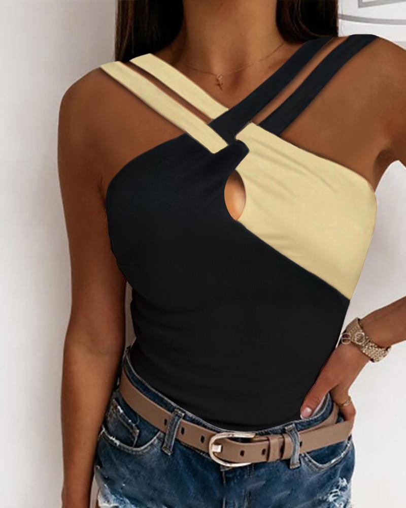 

Colorblock Crisscross Halter Tank Top, Khaki