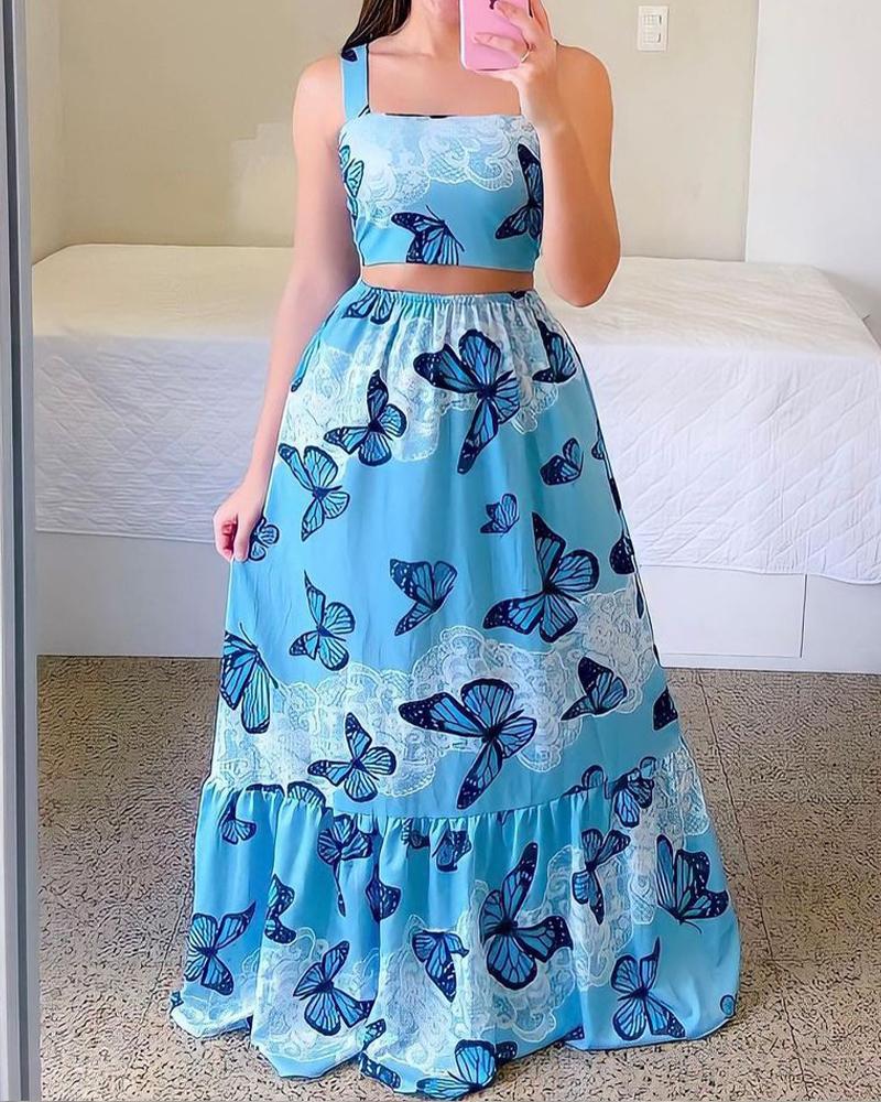 

Butterfly Print Cami Crop Top & Skirt Set, Blue