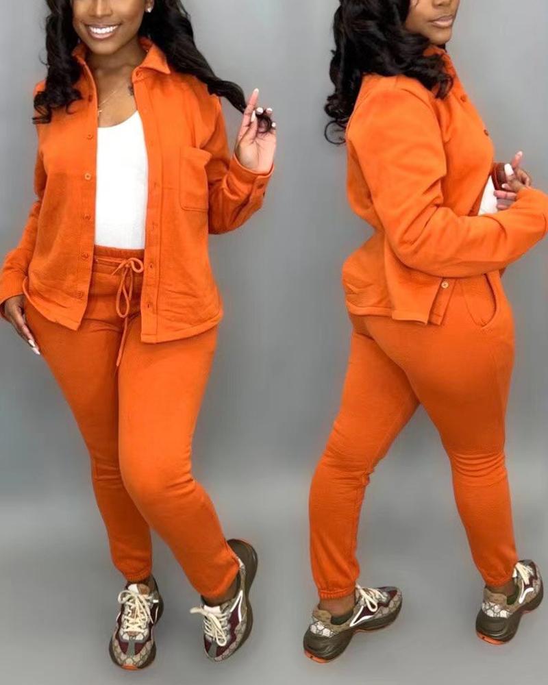 

Long Sleeve Buttoned Top & Drawstring Pants Set, Orange