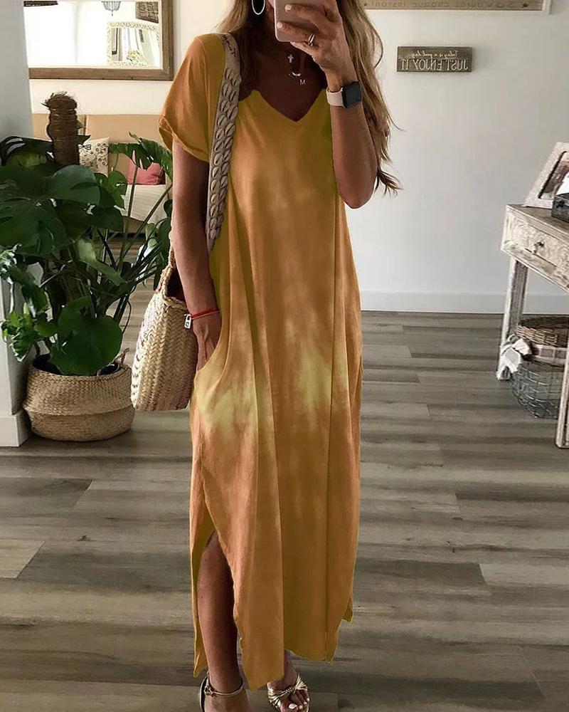 

Tie Dye Print Split Hem Pocket Design Casual Dress, Yellow