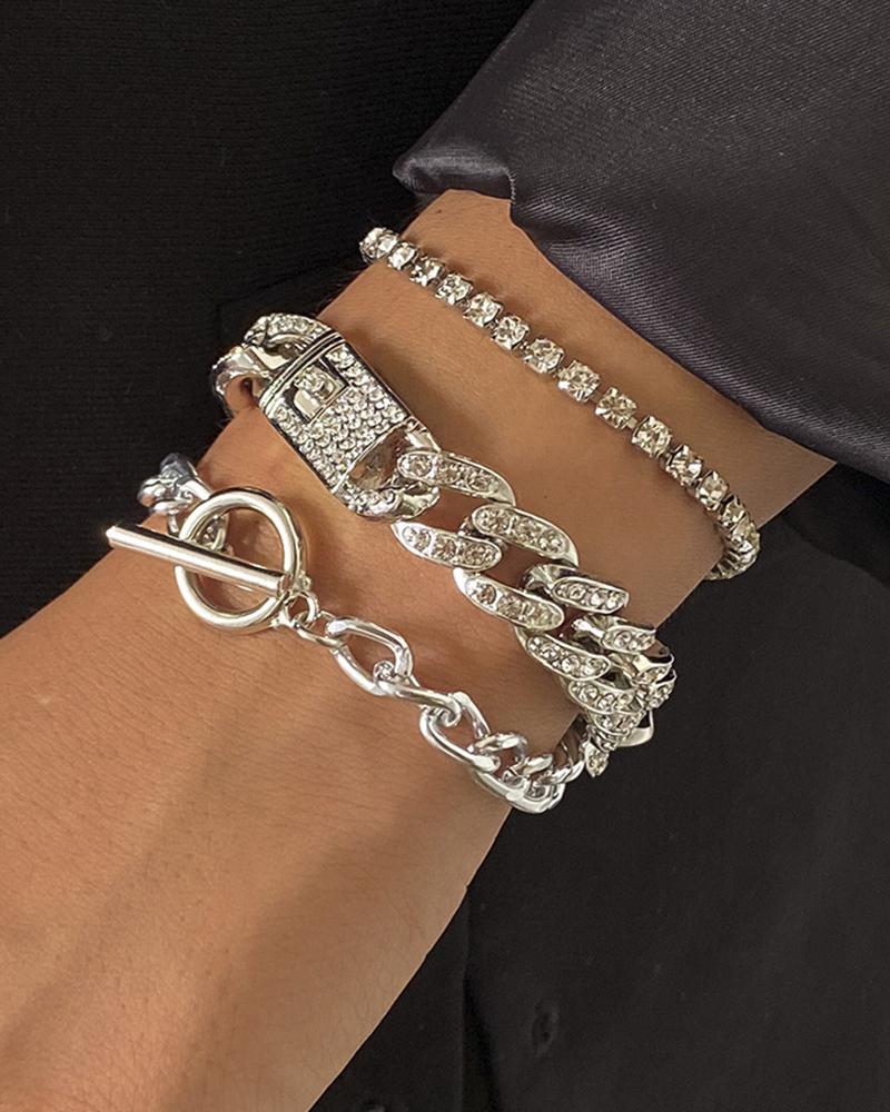 

3pcs Rhinestone Beaded OT Toggle Chain Bracelets Set, Silver