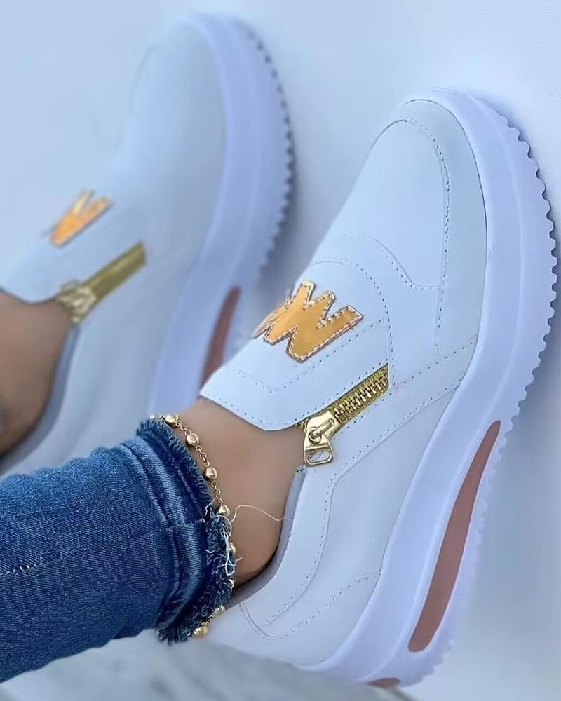

Letter Pattern Zipper Design Sneakers, White