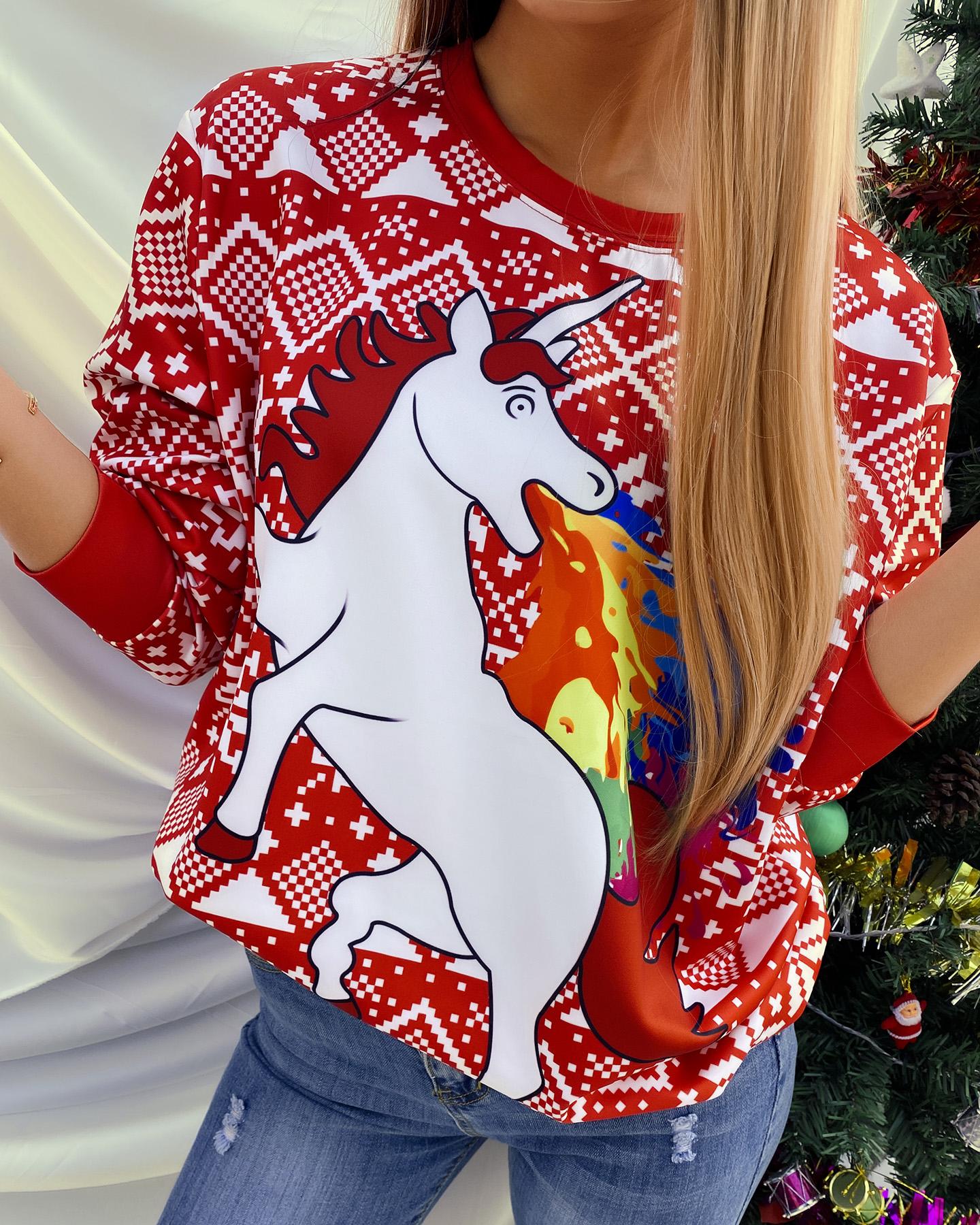 

Christmas Unicorn Print Long Sleeve Sweatshirt, Red