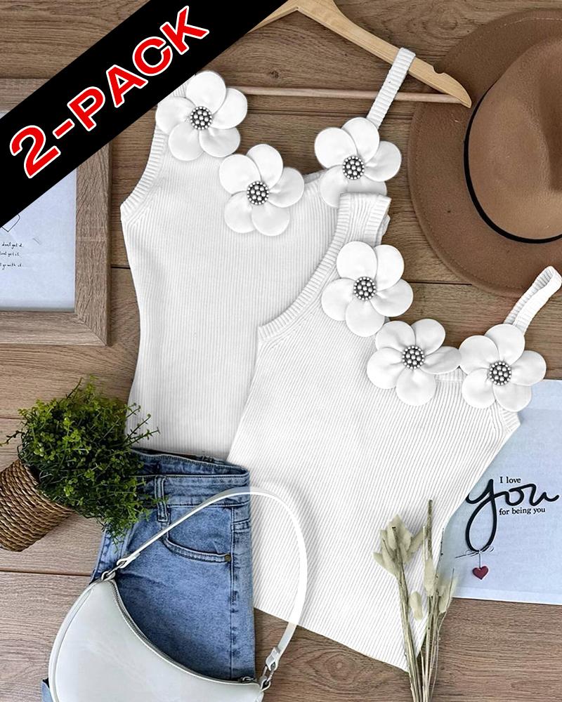 

2 Pack Sólido 3D Flor Regata Gola Assimétrica Sem Mangas Casual Camisola de Malha com Canelado, Style10