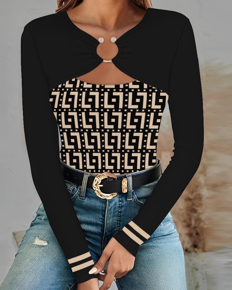

Geometric Print Striped Cutout Asymmetrical Top, Black