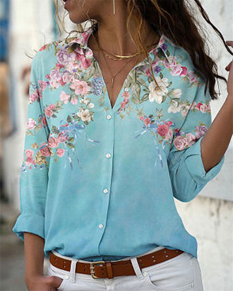 

Floral Print Long Sleeve Button Down Shirt, Blue