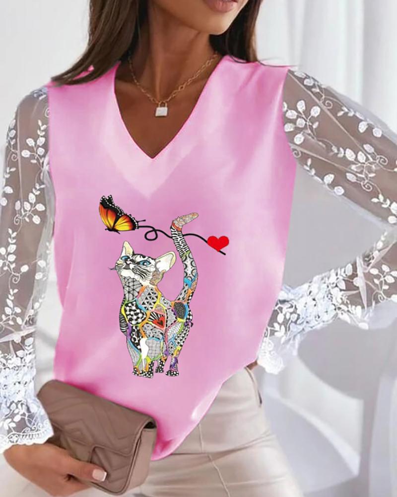 

Cat Butterfly Heart Print Lace Long Sleeve Top, Pink