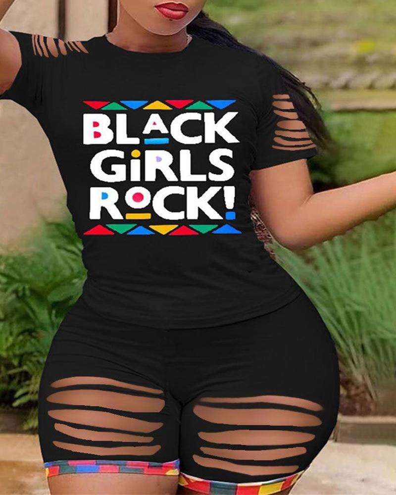

Ladder Cutout Geo Letter Print T-shirt & Colorblock Shorts Set, Black