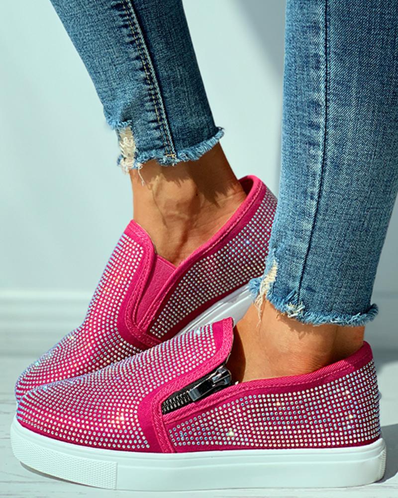 

Rhinestone Zipper Design Close Toe Casual Shoes, Hot pink