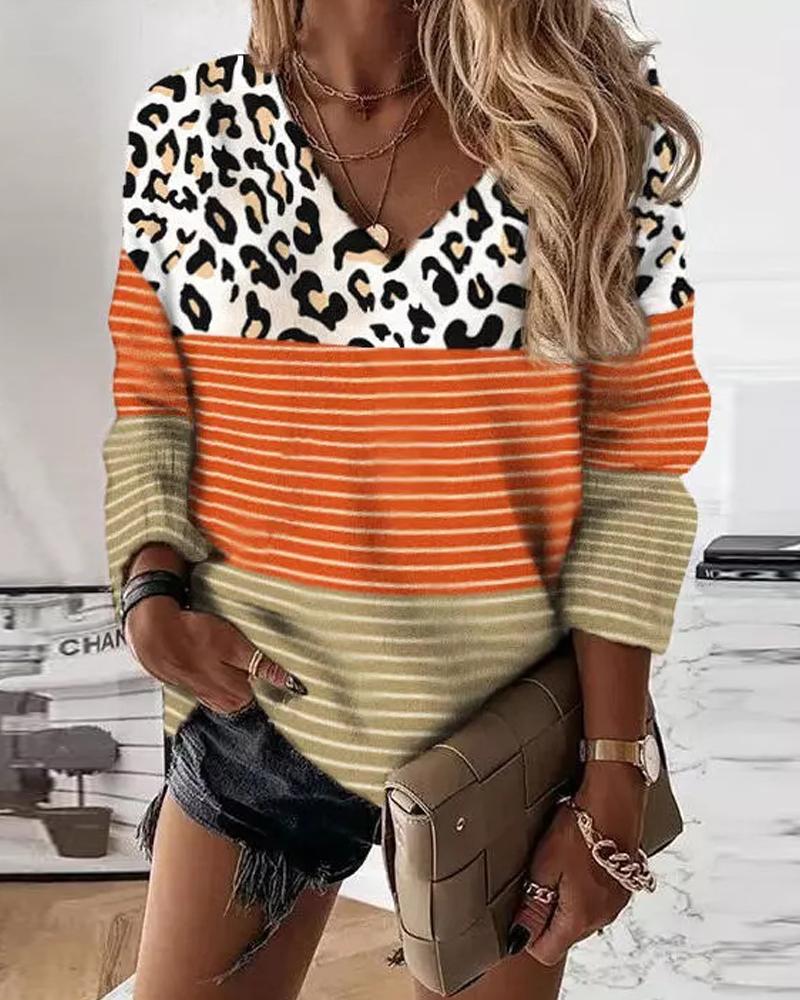 

Leopard Striped Print Colorblock Long Sleeve Top, Orange