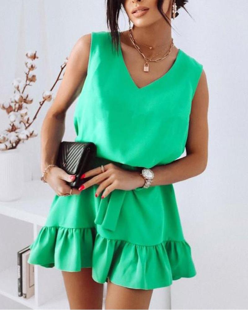 

Sleeveless Ruffle Hem Casual Dress, Green