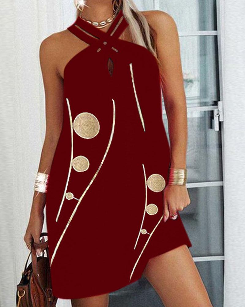 

Graphic Print Crisscross Halter Sleeveless Casual Dress, Wine red