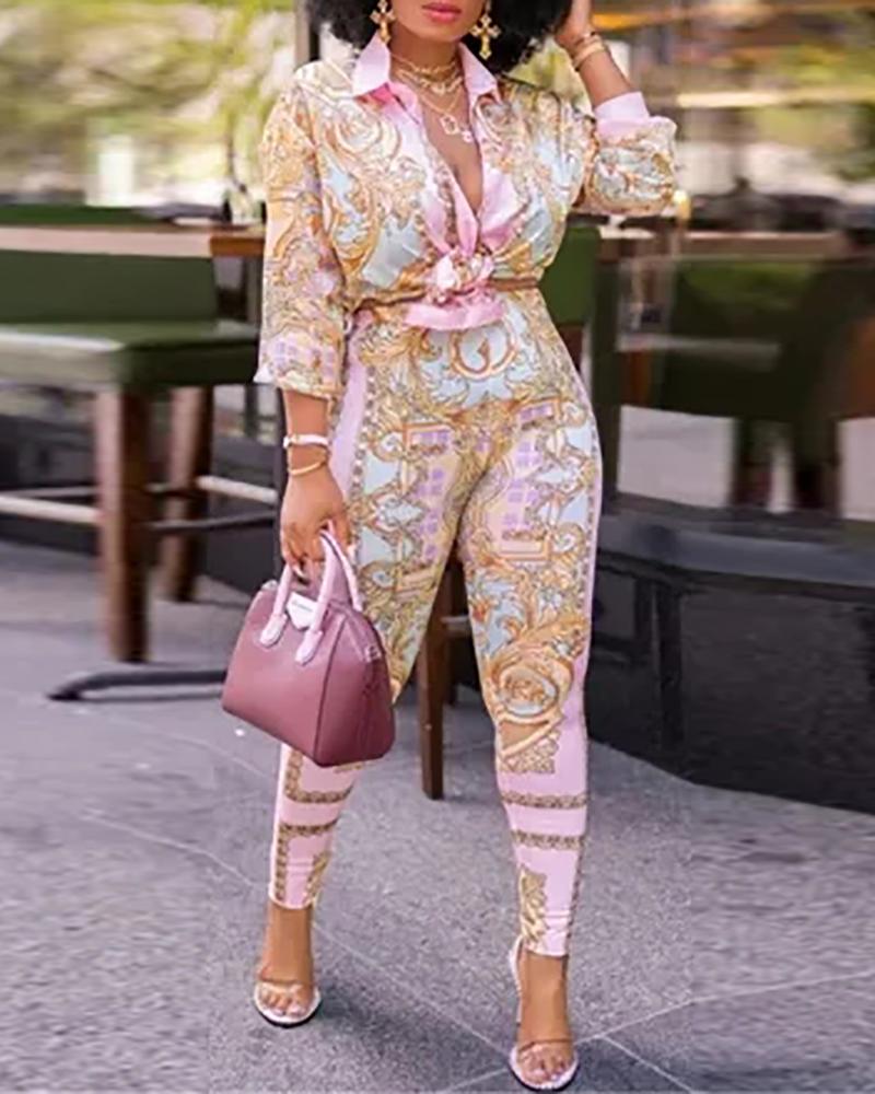 

All Over Print Deep V Neck Long Sleeve Top & Pants Set, Pink