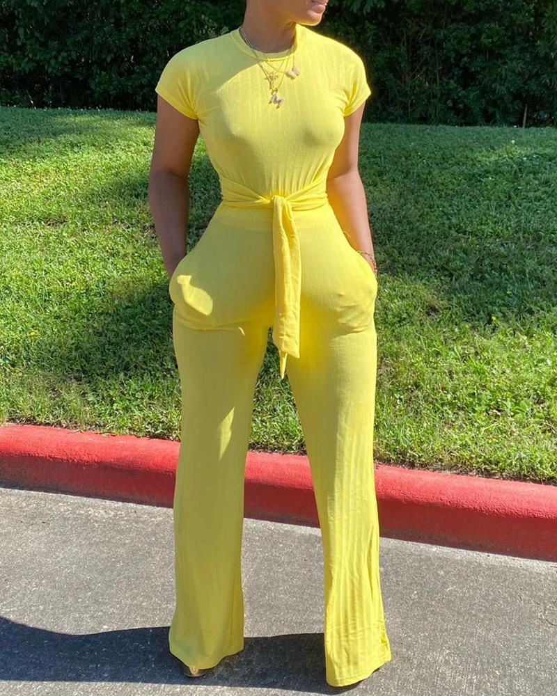 

Pocket Design Tied Detail Short Sleeve Jumpsuit, Yellow