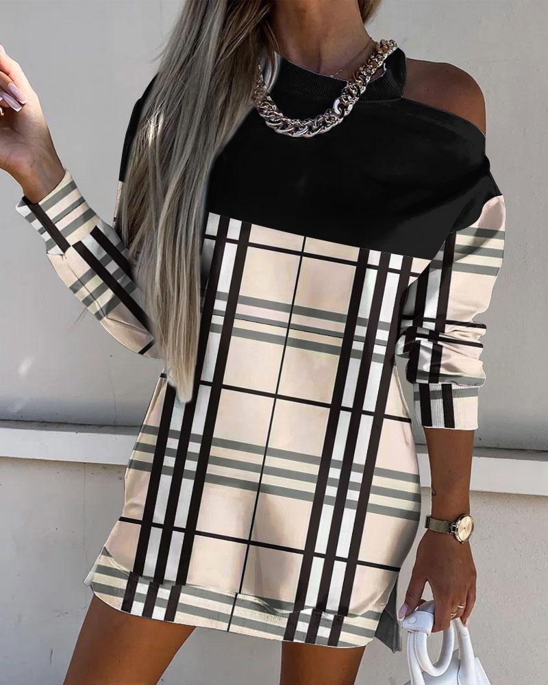 

Plaid Print Cold Shoulder Long Sleeve Dress, Khaki