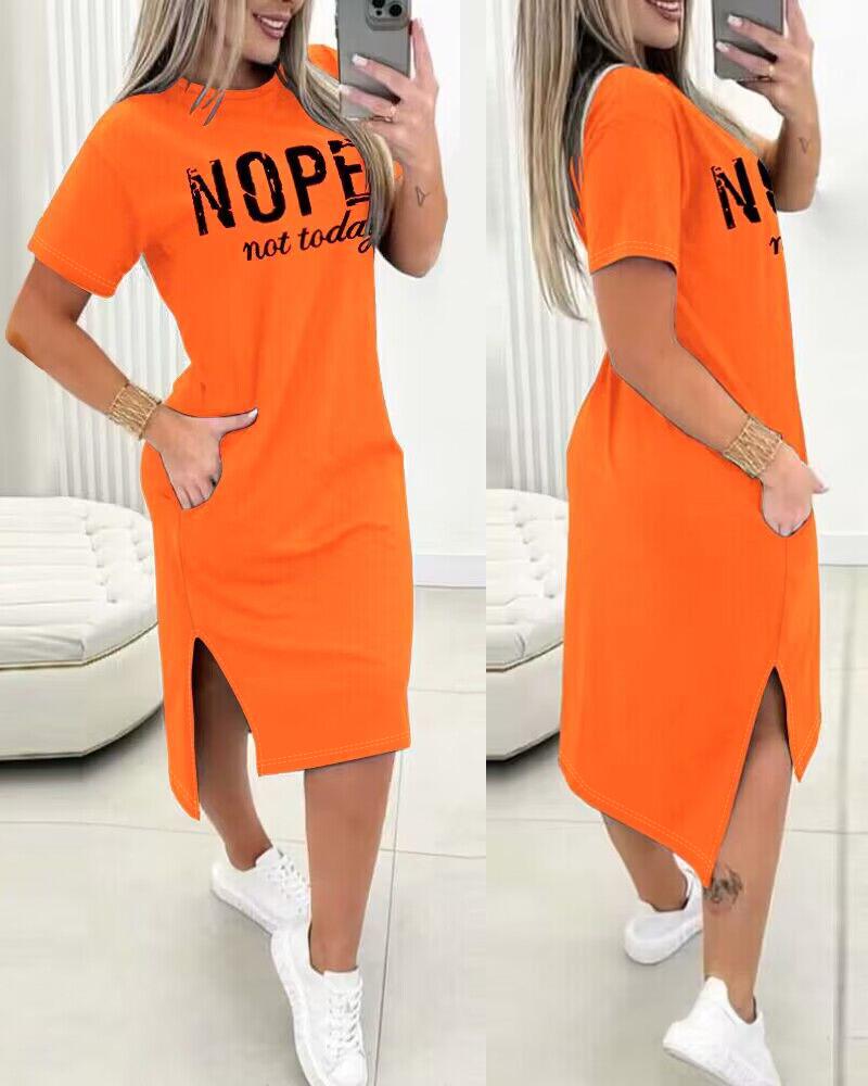 

Nope Not Today Print Pocket Design Casual Dress, Orange