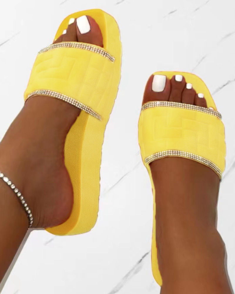 

Rhinestone Contrast Paneled Wide Strap Slippers, Yellow