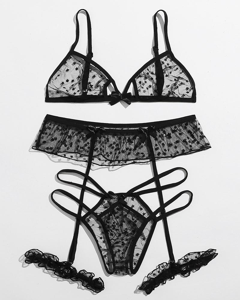 

Star Print Sheer Mesh Lingerie Set, Black