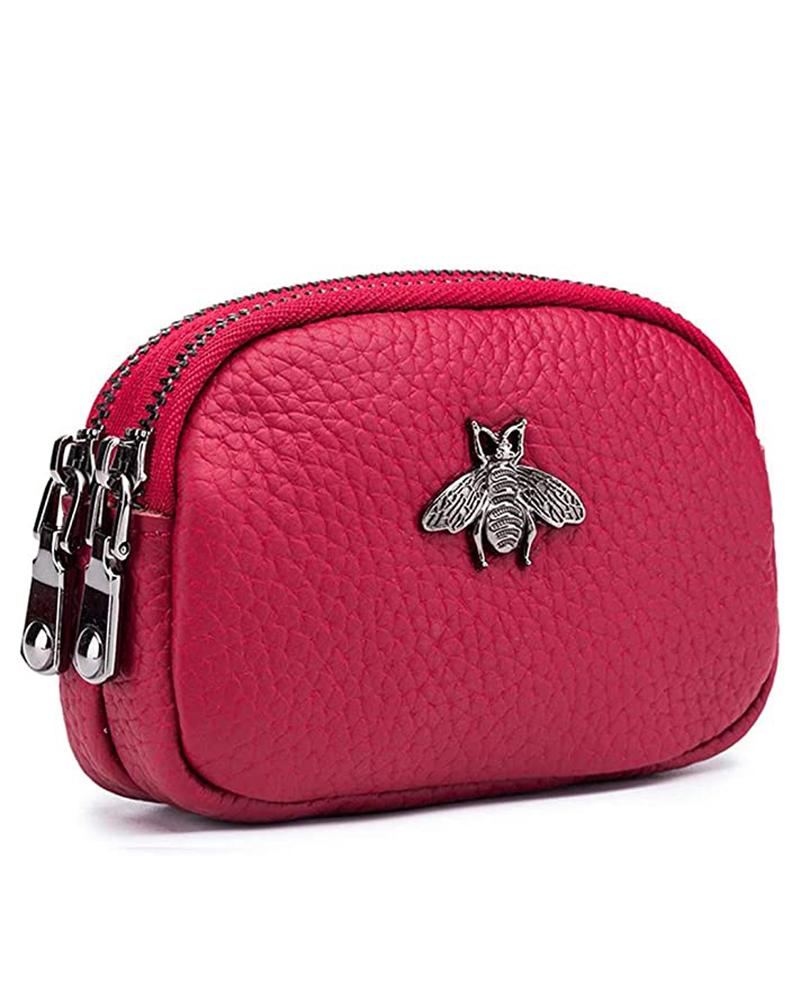 

Women's Purse Zipper Design Bee Pattern Card Holder Leather Coin Wallet, Red