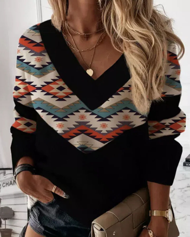 

Aztec Geometric Print V-Neck Long Sleeve Top, Black