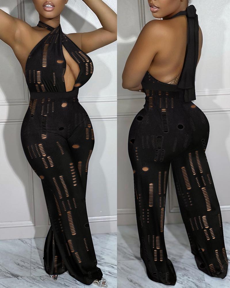 

Hollow Out Halter Backless Jumpsuit, Black