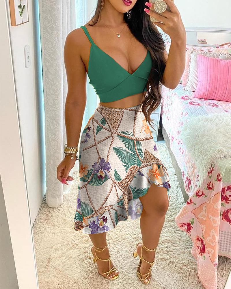 

Cami Plain Top & Floral print Skirt Sets, Multicolor